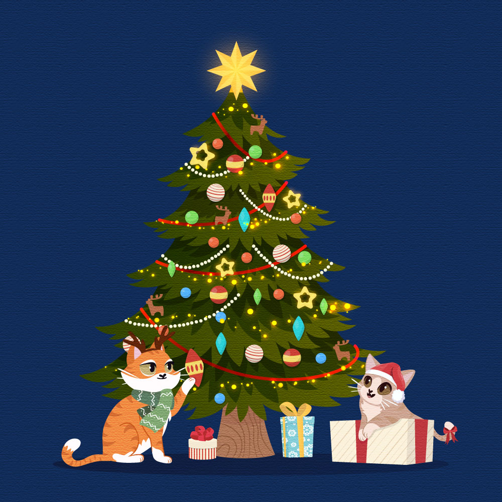 Illustration hivernale d'un sapin de Noël avec des chats