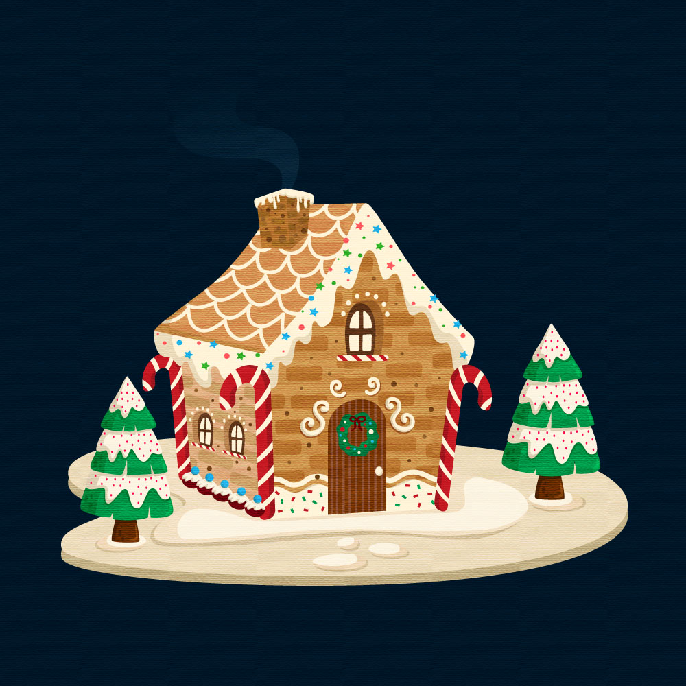 Illustration hivernale d'une maison en pain d'épices