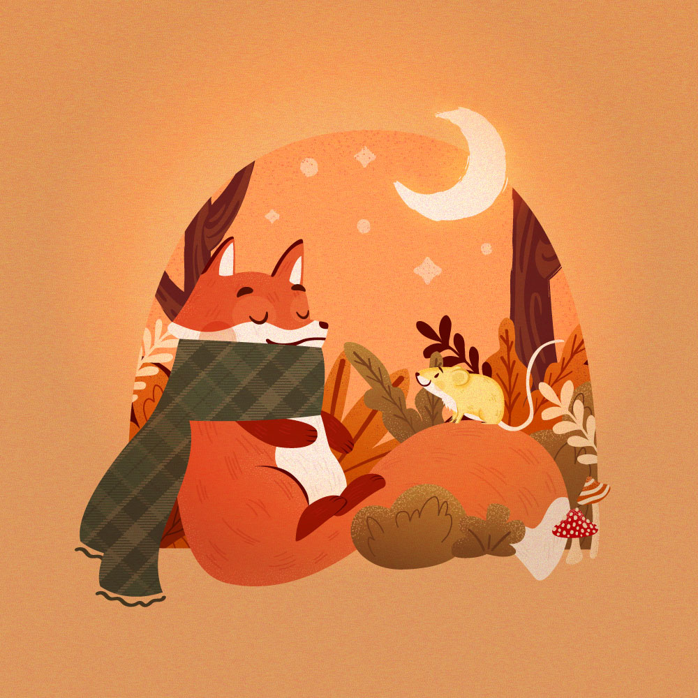 Illustration automnale d'un renard et d'une souris